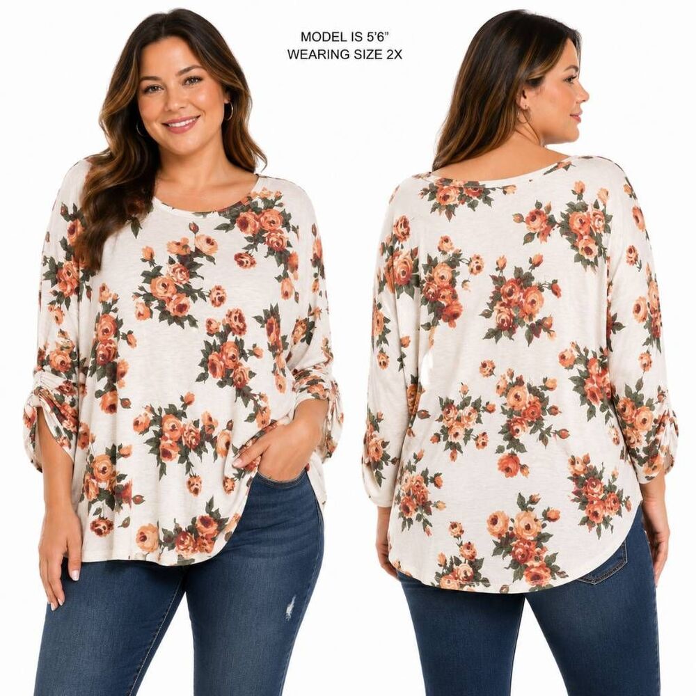 Como Blu Floral Ruched Sleeve Top Plus 2X Boho